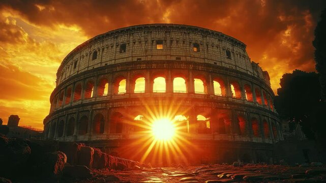 Stunning sunset illuminates the Colosseum in Rome with vibrant hues and dramatic sky colors