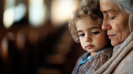 A tender moment shared between an elderly woman and a young child showcases the warmth and connection of familial love and generational bonds.