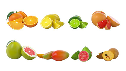 A colorful assortment of sliced fruits, including oranges, lemons, limes, and guavas, showcasing their vibrant colors and textures.