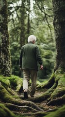 Obraz premium An Elderly Man Walking Through a Lush Forest