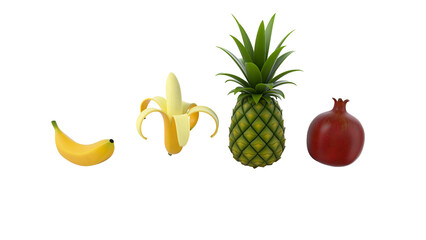 A colorful arrangement of fruits including a banana, pineapple, and pomegranate, showcasing healthy food options.