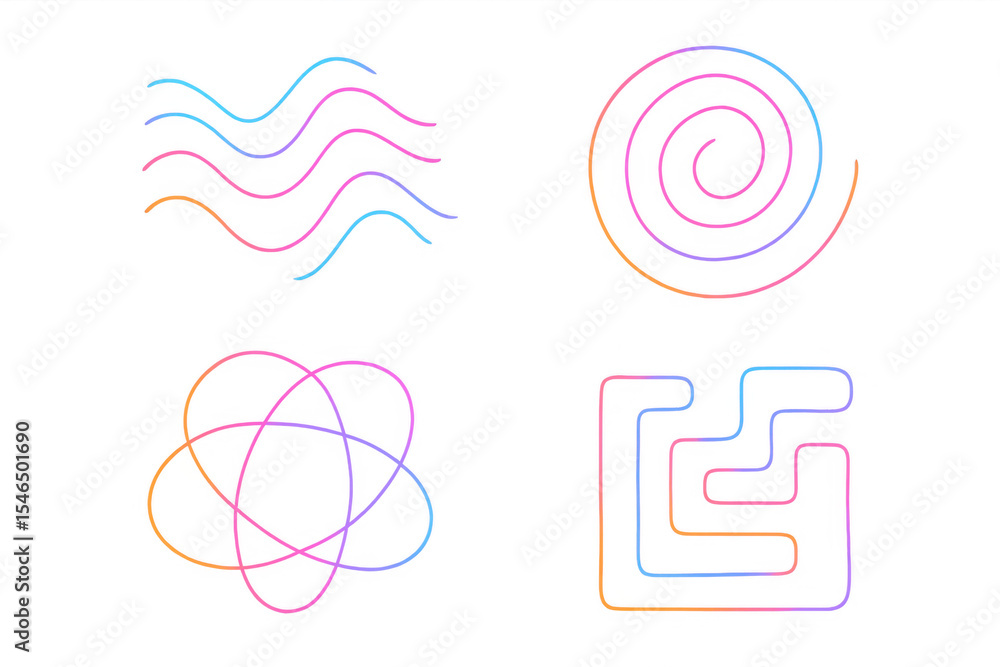 Poster vibrant abstract collection displaying dynamic lines creating waves, spirals, intersecting circles, 
