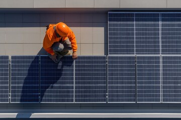 Worker installs solar panels on a rooftop during clear daylight in an urban environment