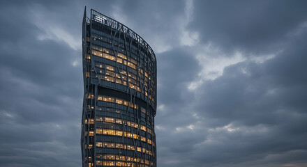 Curving Skyscraper at Twilight Under a Dramatic Sky