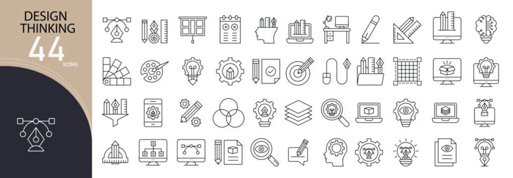 Design thinking related icon collections. Containing idea, sketch, prototype, plan, process, creative, user, solution, feedback, and concept icons. Outline icons.