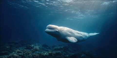 A white whale is swimming in the ocean
