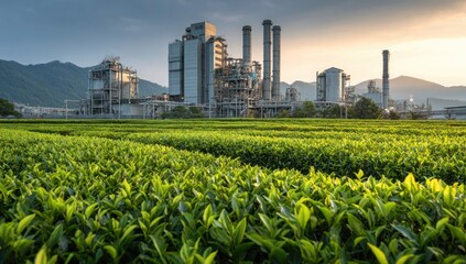 A large industrial plant sits next to a lush green field