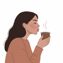 Young woman enjoying coffee with steam rising from the cup  