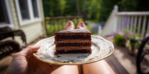 A person holding a slice of chocolate cake on a plate
