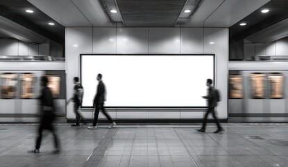 A group of people walk past a large white billboard in a subway station