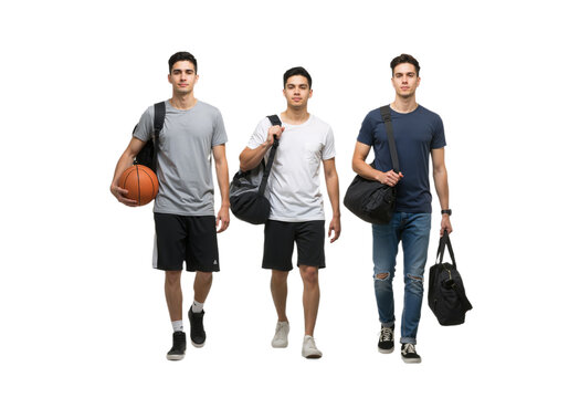 Three boys with sports bags and a basketball walking together – active youth lifestyle scene, isolated on a transparent background PNG.