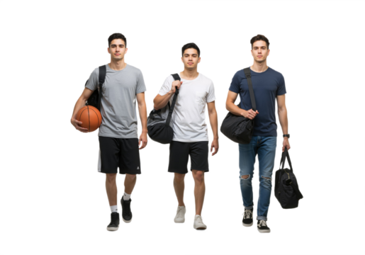 Three boys with sports bags and a basketball walking together – active youth lifestyle scene, isolated on a transparent background PNG.