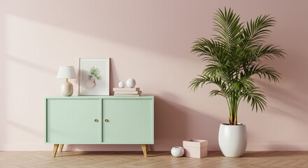 Pink wall mint green cabinet decor
