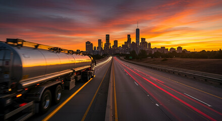 Silver Tanker Truck on Highway at Sunset with City Skyline