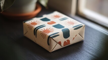 A charmingly wrapped gift box with a trendy pattern rests on a dark surface