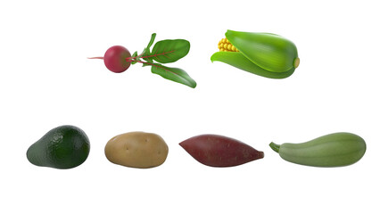 A collection of various vegetables including radish, corn, avocado, potato, yam, and zucchini.
