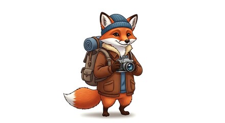 Naklejka premium Cartoon fox photographer with camera and backpack, smiling and ready for an adventure. Travel-themed animal character on white background.