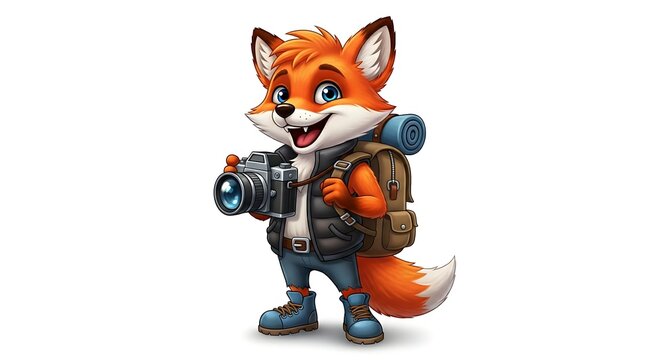 Cartoon fox photographer with camera and backpack, smiling and ready for an adventure. Travel-themed animal character on white background.