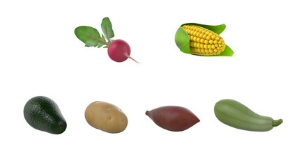 A collection of various vegetables including avocado, potato, sweet potato, zucchini, radish, and corn.