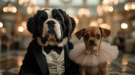 A stylish St. Bernard and a chic Chihuahua sit together, wearing formal attire in an elegant venue, capturing the charm of pet fashion and companionship.