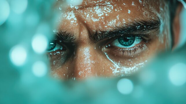 A close-up of a man's face with water droplets glistening on his skin, reflecting determination and focus, drawing the viewer into his captivating blue eyes.