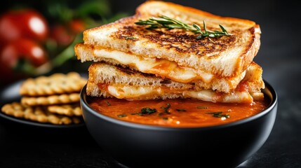 A delicious grilled cheese sandwich stacked perfectly alongside a bowl of rich tomato soup, garnished with herbs and ready to be enjoyed by all comfort food lovers.