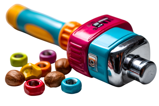 Childrens toy toolset with colorful plastic screwdriver, hammer, wrench and nuts, playfully scattered on a white background and isolated to transparent background - Powered by Adobe