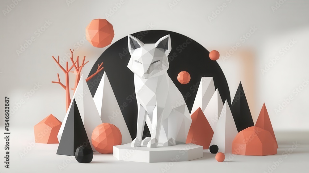 Fototapete minimalistic fox statue amidst geometric shapes and clean backdrop rendering
