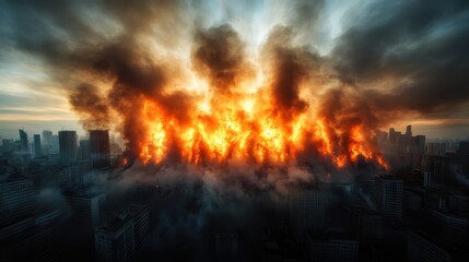 Fototapeta premium This intense and dramatic image depicts a city skyline engulfed in swirling smoke and orange flames, creating a visceral depiction of chaos and urban energy amidst upheaval.