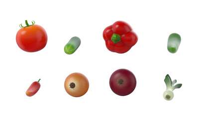 A collection of various vegetables including tomatoes, bell peppers, cucumbers, onions, and leeks, ideal for culinary use.