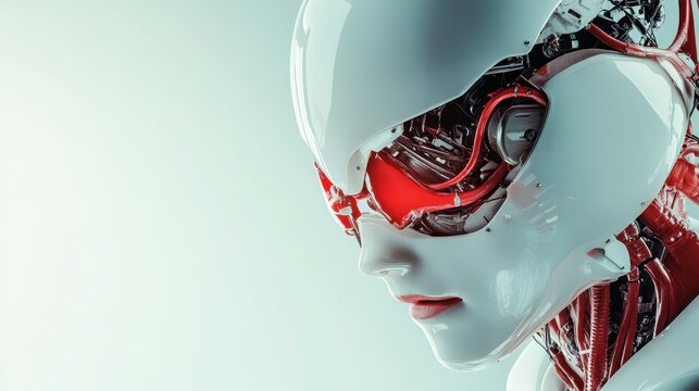 A sleek, futuristic robot with a reflective faceplate stands poised, showcasing intricate mechanical details and an advanced design that symbolizes the evolution of technology.