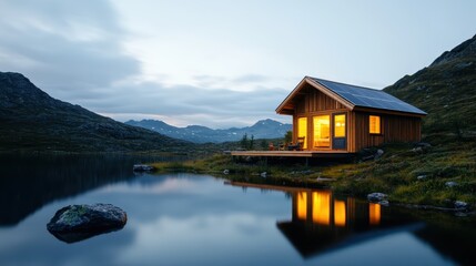 Fototapeta premium A serene cabin glowing warmly beside a tranquil lake reflects the surrounding mountains, creating an idyllic and peaceful setting perfect for a retreat into nature.