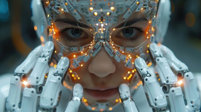 This striking image showcases a robot face adorned with intricate electronic details, highlighting the blend of technology and human features in a captivating way.