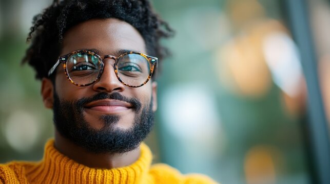 This warm portrait features a cheerful young man in a vibrant yellow sweater and stylish glasses, radiating positivity and friendliness in an engaging indoor setting.