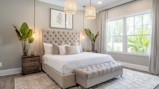 Sophisticated bedroom with upholstered headboard, pendant lights, soft area rug, and neutral color tones