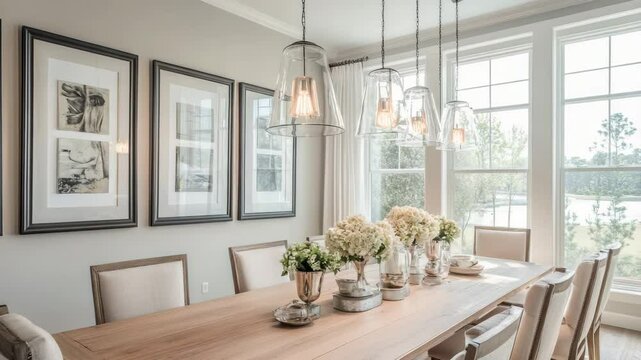 Sophisticated dining room with long wooden table, pendant lighting, elegant chairs, framed art and light-filled windows