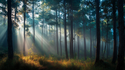 Dense pine forest in morning mist, sun rays cutting through trees, cool tones