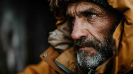 A rugged man clad in warm winter attire looks pensively into the distance, highlighting a story of endurance and strength in the face of challenging conditions.