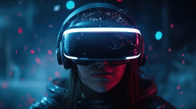 A woman wearing a futuristic VR headset is immersed in a digital experience, surrounded by colorful light effects, symbolizing the merging of technology and human engagement. - Powered by Adobe