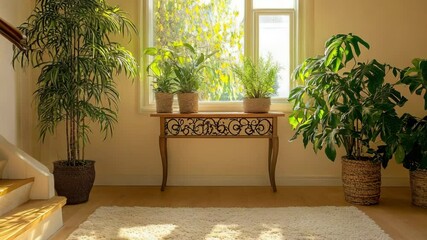 Sun-drenched landing area at the top of stairs with soft rug, houseplants, and a decorative console table under a window
