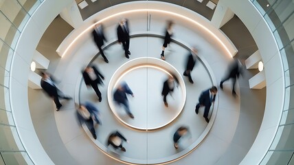 Aerial view of diverse business professionals in motion within a modern circular office space, symbolizing teamwork and collaboration.