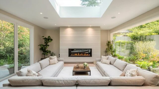 Sunken living room with fireplace wall, sectional couch, skylight above and garden views through large side windows