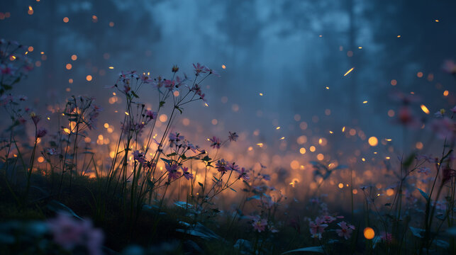 Fireflies in a meadow at twilight, magical ambiance
