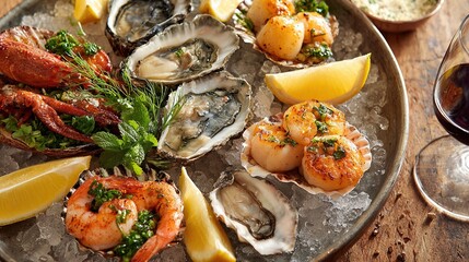 Gourmet seafood platter with oysters, grilled prawns, scallops, lemon wedges and herbs on ice served with wine