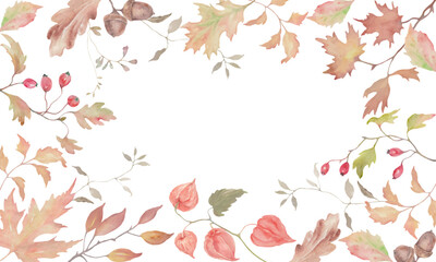 Autumn watercolor floral frame featuring oak leaves, maple leaves, and berries. Hand-drawn illustration. Vectgor EPS.