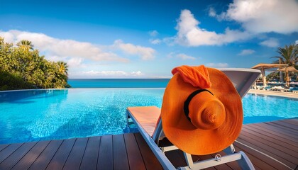 orange sun hat and beach towel on lounge chair at luxury resort swimming pool blue water escape at upscale hotel exclusive destination travel luxury vacation tropical paradise for solo traveler