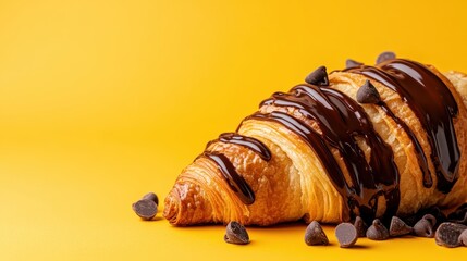 A delightful chocolate croissant drizzled with rich chocolate sauce, placed on a vibrant background, showcasing a perfect blend of flavors for pastry lovers.