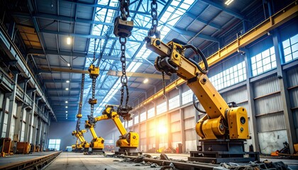 Abandoned Warehouse with Robotic Arms Under Harsh Fluorescent Light