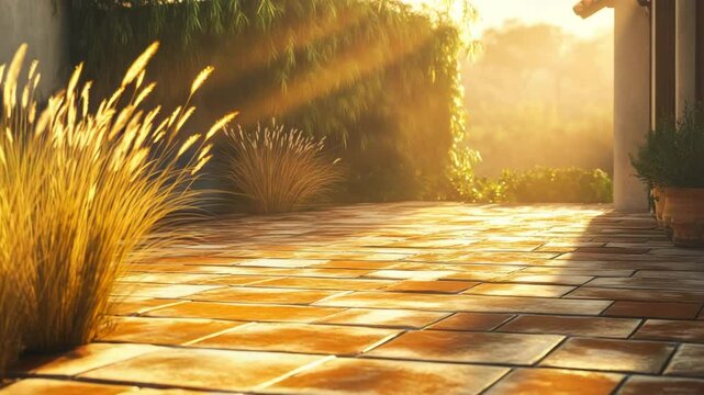 Terraced courtyard with terracotta tiles glowing in golden light, tall grasses swaying gently