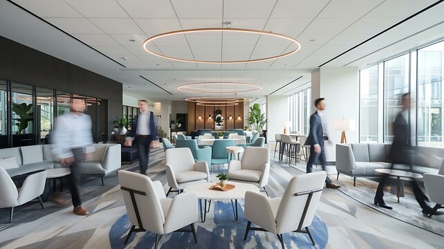 Modern office interior with blurred professionals walking through a bright, stylish lounge area featuring comfortable seating. - Powered by Adobe